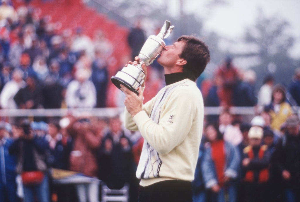 Nick Faldo celebrates winning The Open for the first time